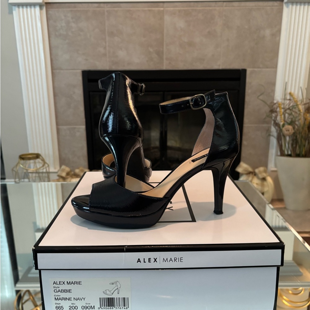 Alex Marie Patent Navy Ankle-Strap Platform Heels